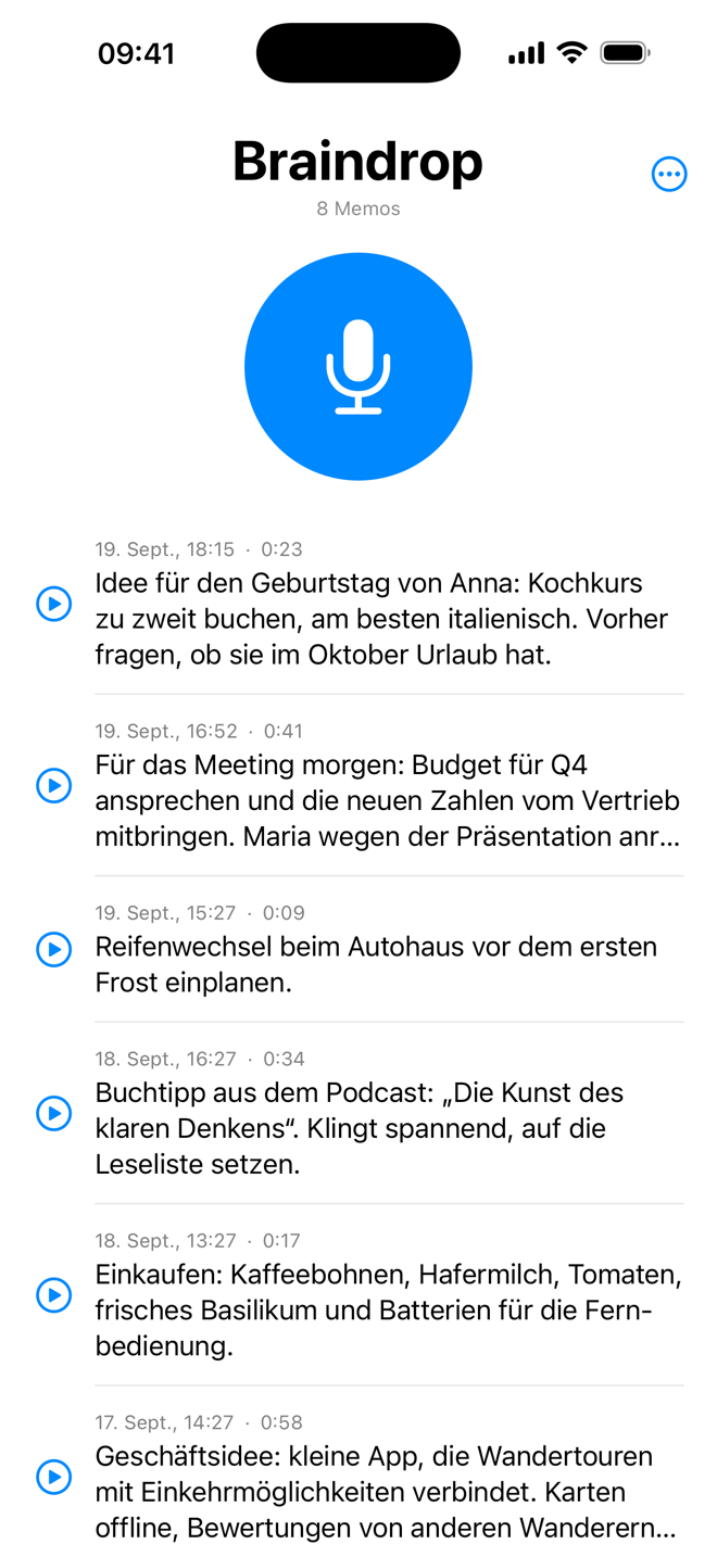 Braindrop auf dem iPhone: großer Aufnahme-Knopf und Liste der Sprachnotizen mit Text